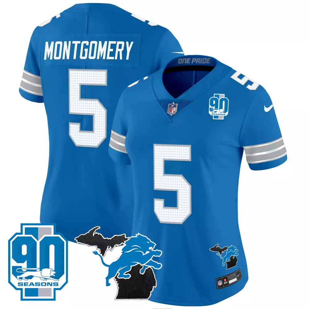 David Montgomery Lions 2024 Michigan 90th Year Patch Vapor Jersey | Blue Stitched Fan Gear | For Men, Women & Youth