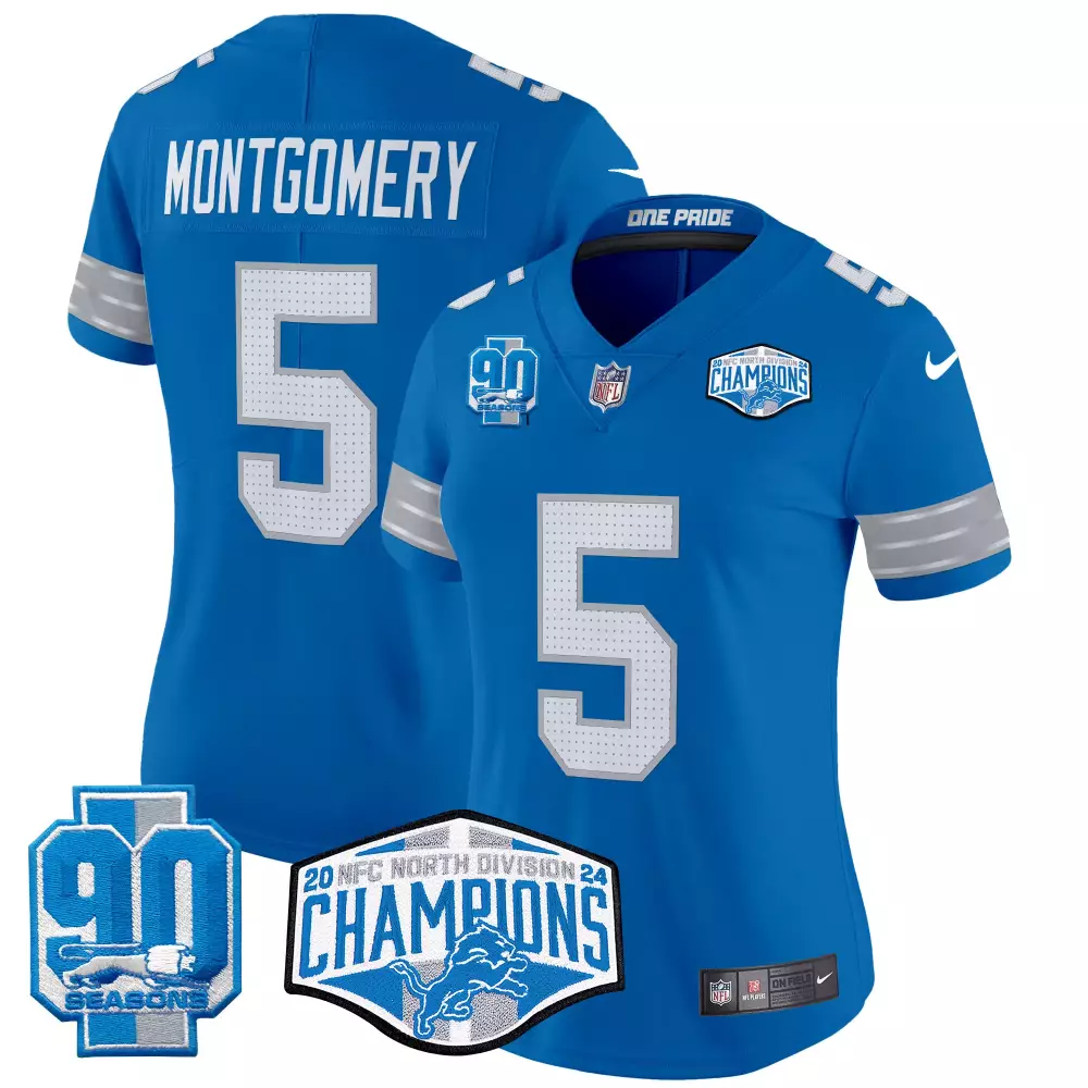 David Montgomery Lions 2024 NFC North Division Champions Gold Trim Vapor Limited Jersey | Blue Stitched Fan Gear | For Men, Women & Youth
