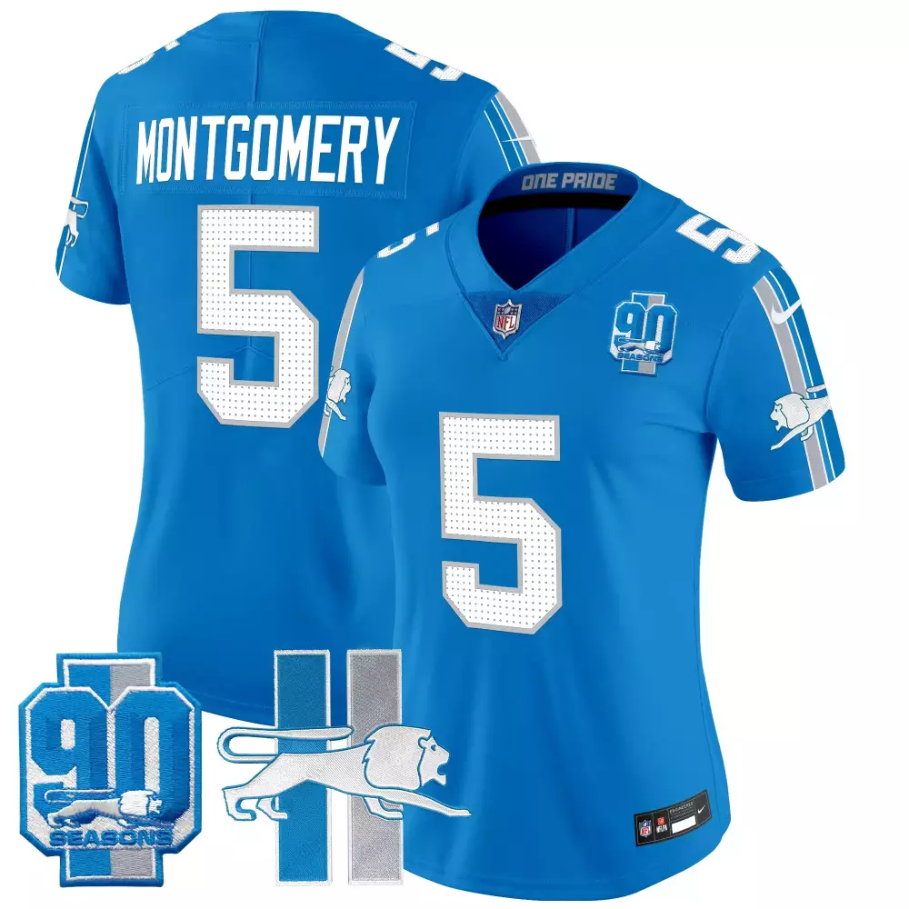 David Montgomery Lions 90th Year Patch Vapor Limited Jersey | Blue Stitched Game Day Outfit | For Men, Women & Youth