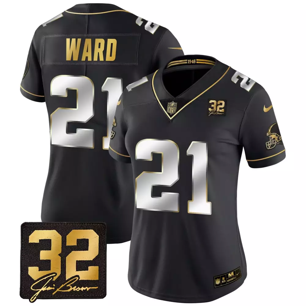 denzel ward black limited womens cleveland browns 32 jim brown memorial patch gold jersey all stitched