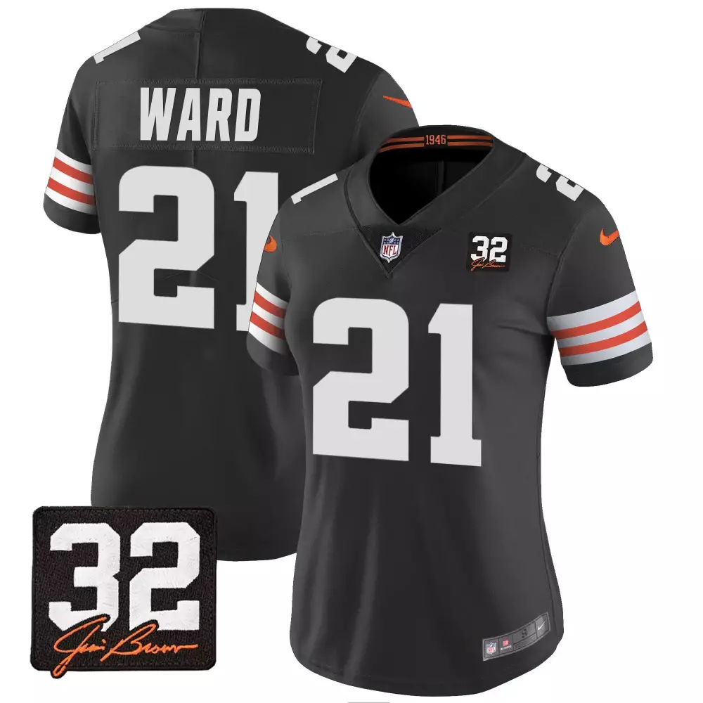 denzel ward black limited womens cleveland browns 32 jim brown memorial patch gold jersey all stitched
