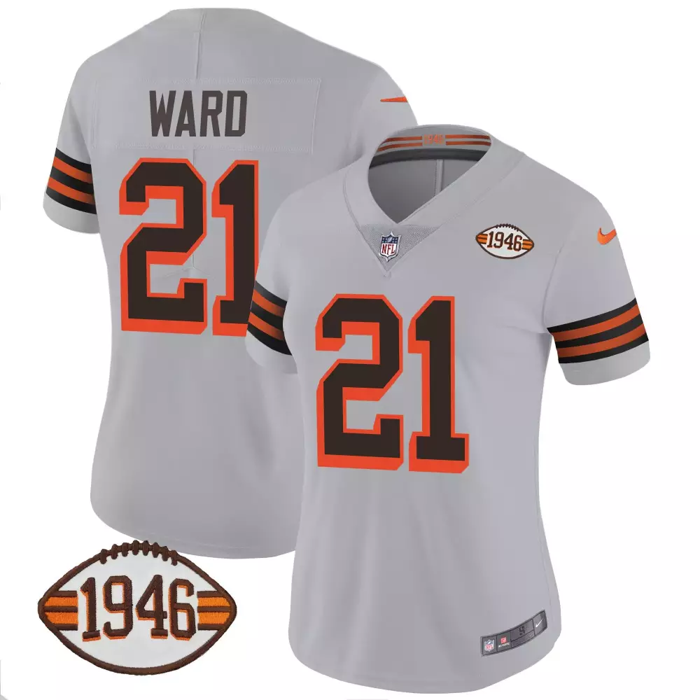 Denzel Ward Black Women's Cleveland Browns 32 Jim Brown Memorial Home Patch Jersey | All Stitched | Fan Gear for Women, Men & Youth