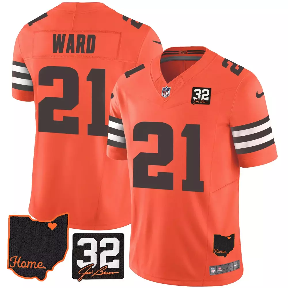 Denzel Ward Orange Men's Cleveland Browns 32 Jim Brown Memorial Jersey | Stitched Home Patch V3 | For Men, Women & Youth