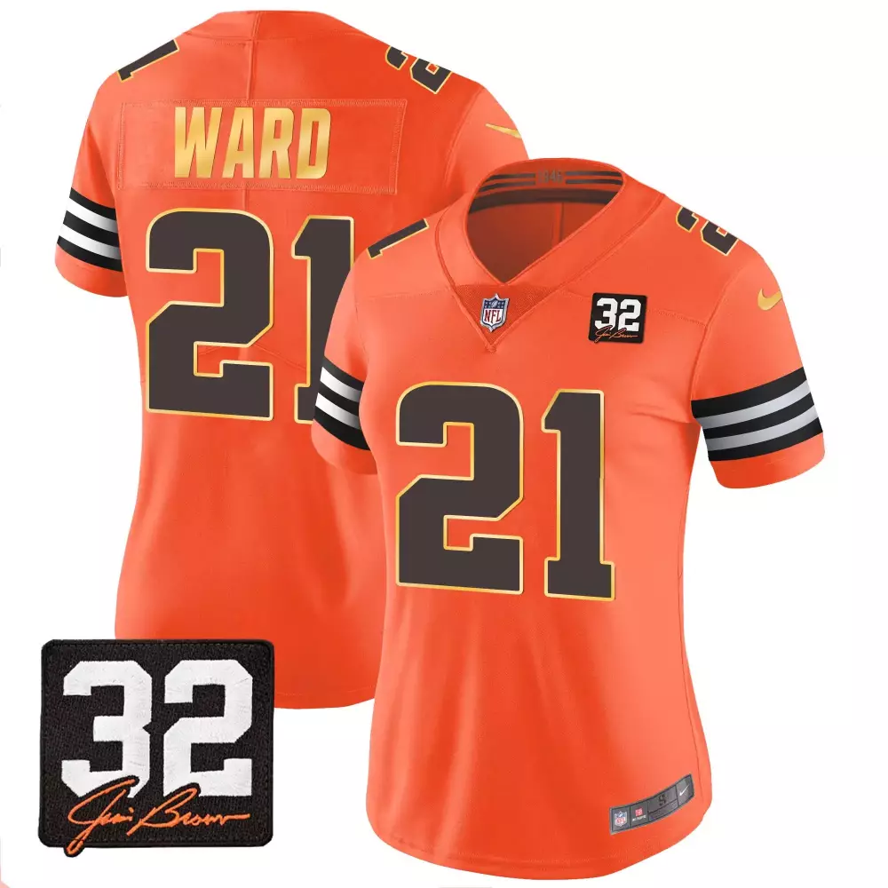 Denzel Ward Orange Women's Cleveland Browns 32 Jim Brown Memorial Jersey | Stitched Gold Trim Patch | For Men, Women & Youth
