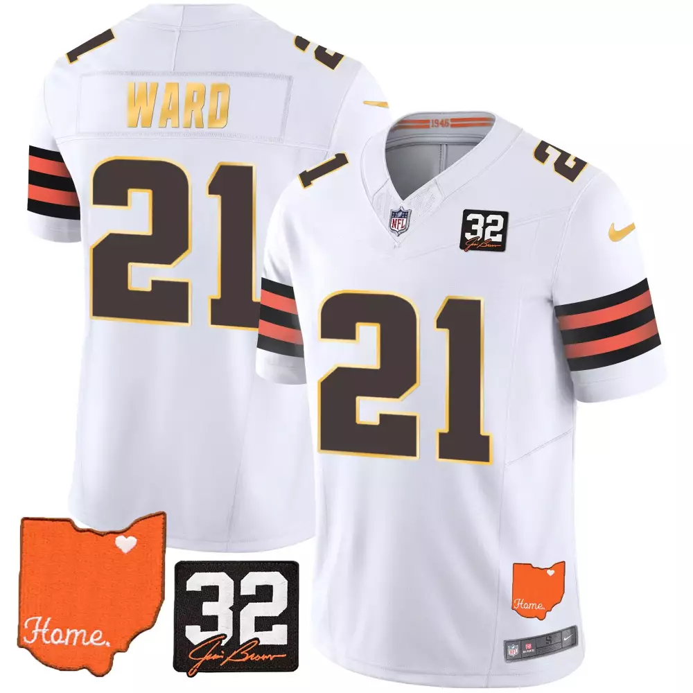 Denzel Ward White Men's Cleveland Browns 32 Jim Brown Memorial Jersey | Stitched Home Patch | For Men, Women & Youth