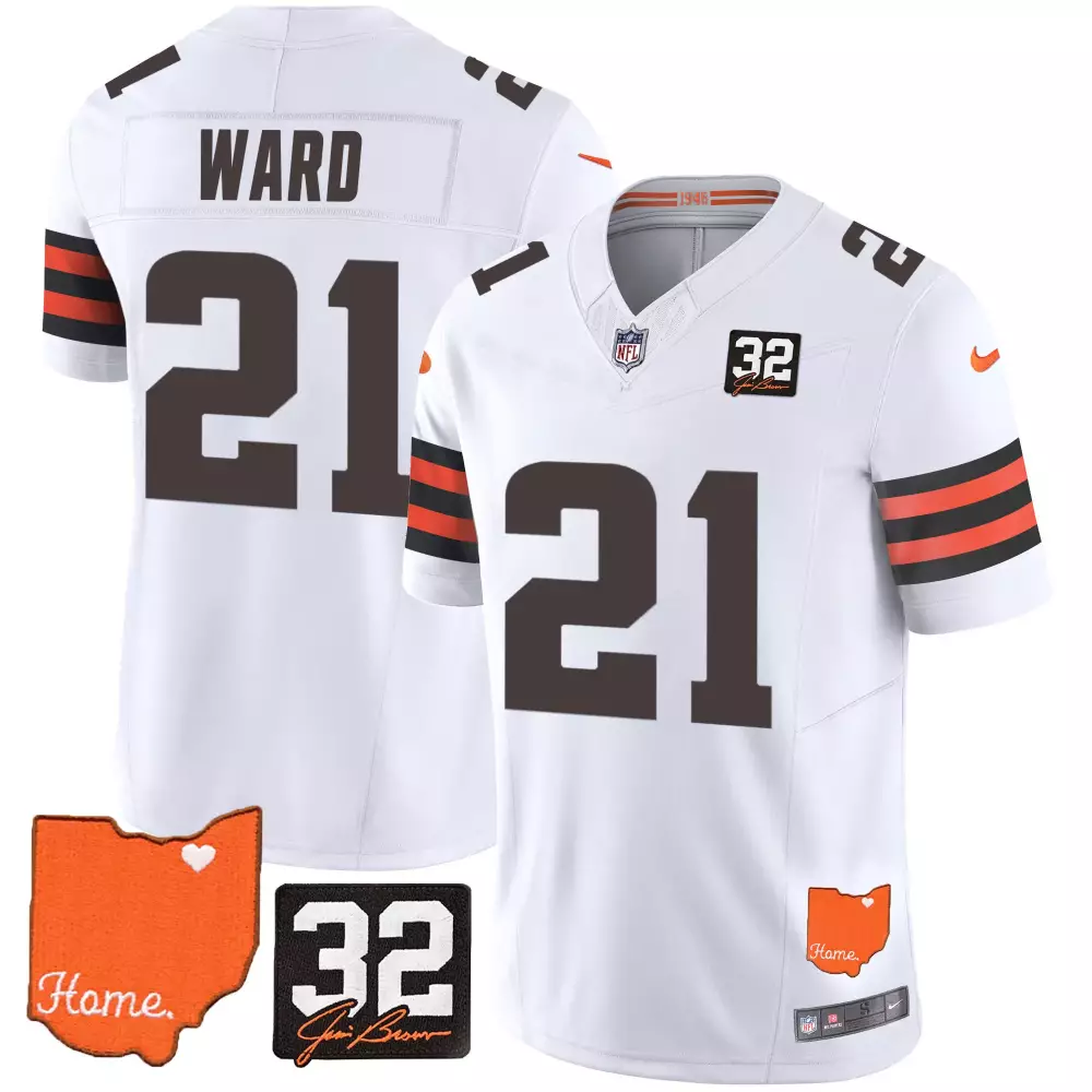 Denzel Ward White Men's Cleveland Browns 32 Jim Brown Memorial Jersey | Stitched Home Patch | For Men, Women & Youth