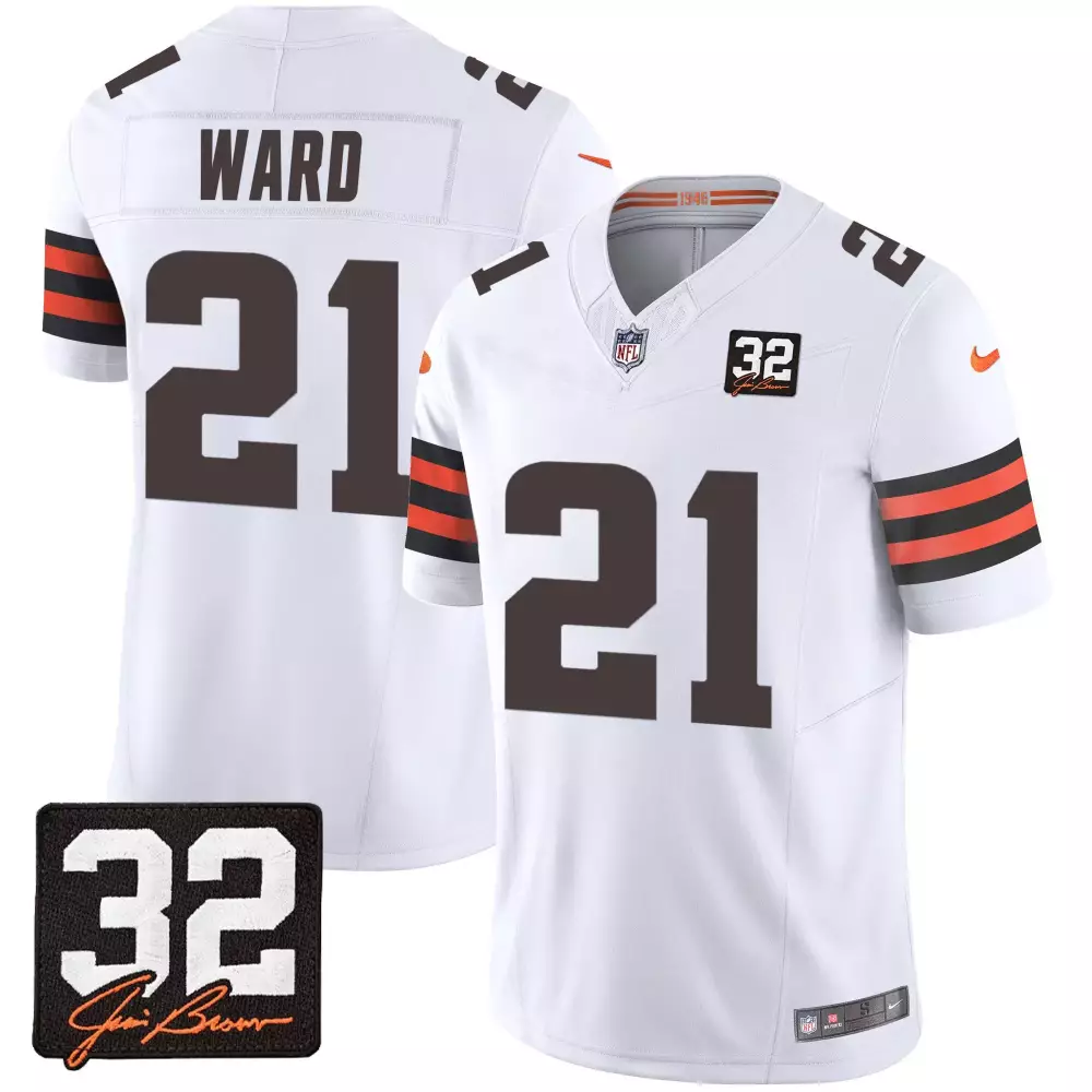 Denzel Ward White Men's Cleveland Browns 32 Jim Brown Memorial Jersey | Stitched Home Patch | For Men, Women & Youth