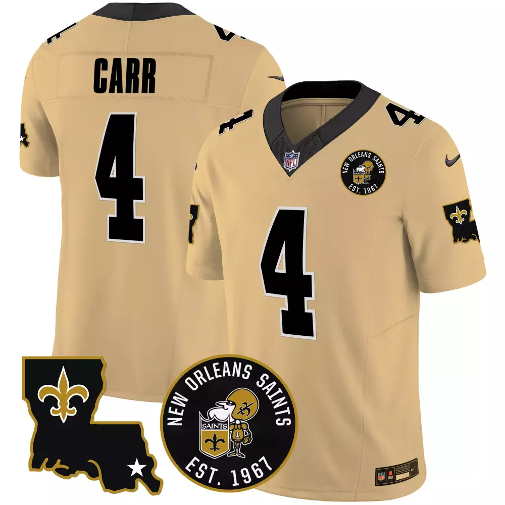 Derek Carr New Orleans Saints EST 1967 Patch Vapor Jersey | Gold Stitched | Men's Fan Gear | For Men, Women & Youth