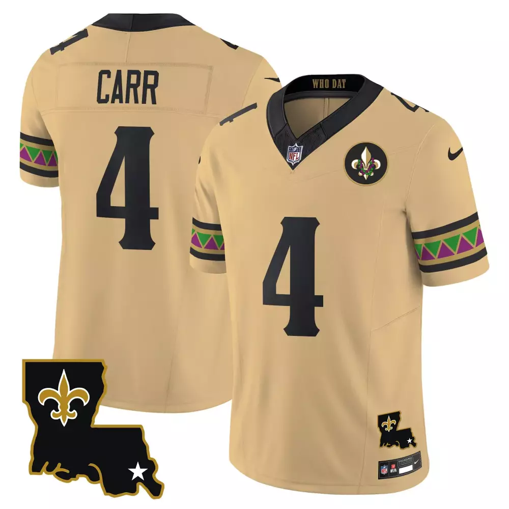 Derek Carr New Orleans Saints Mardi Gras Vapor Limited Jersey | Gold Stitched | Men's Fan Gear | For Men, Women & Youth