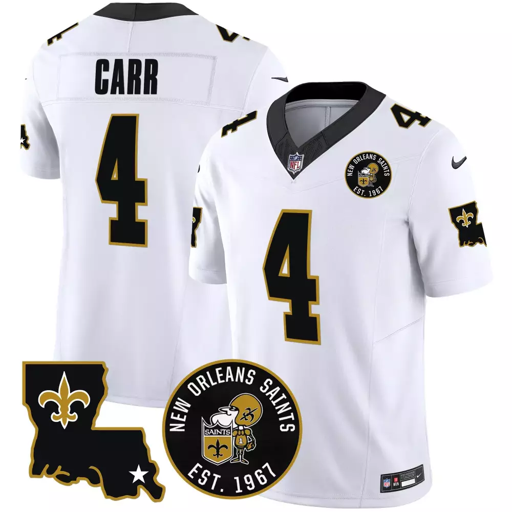 Derek Carr New Orleans Saints EST 1967 Patch Vapor Jersey | Gold Stitched | Men's Fan Gear | For Men, Women & Youth