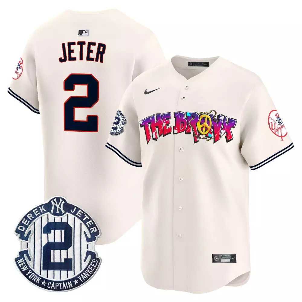 Derek Jeter Yankees Bronx Cream Graffiti Jersey V7 | Vapor Premier Limited Edition | All Stitched Fan Gear for Men, Women & Youth