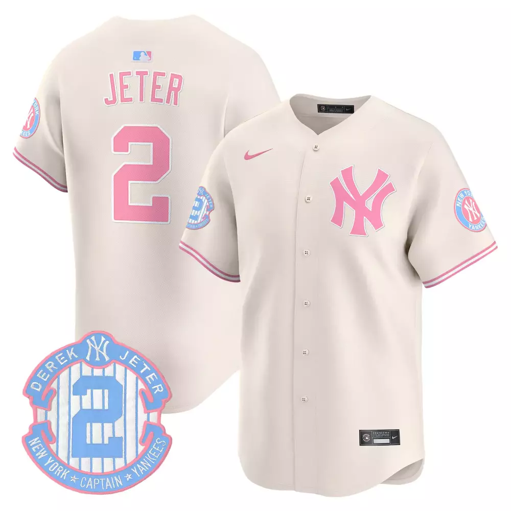Derek Jeter Yankees Bubblegum Pink Cream Jersey | Vapor Premier Limited Edition | All Stitched Fan Gear for Men, Women & Youth