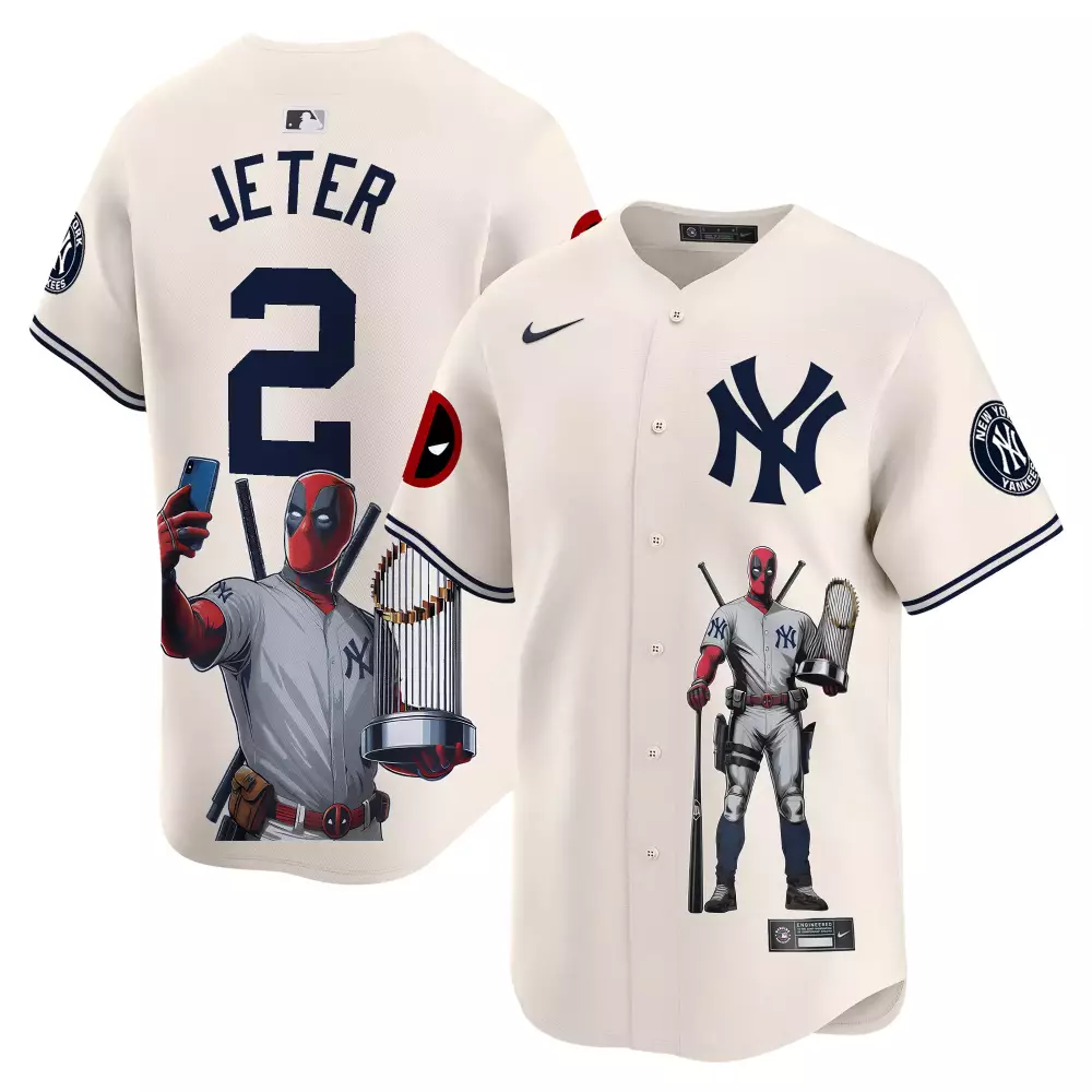 Derek Jeter Yankees Deadpool Cream Jersey | Vapor Premier Limited Edition | Printed Fan Gear for Men, Women & Youth