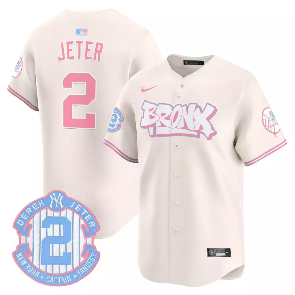 Derek Jeter Yankees Bronx Graffiti Bubblegum Pink Cream Jersey V2 | Vapor Premier Limited Edition | All Stitched Fan Gear for Men, Women & Youth