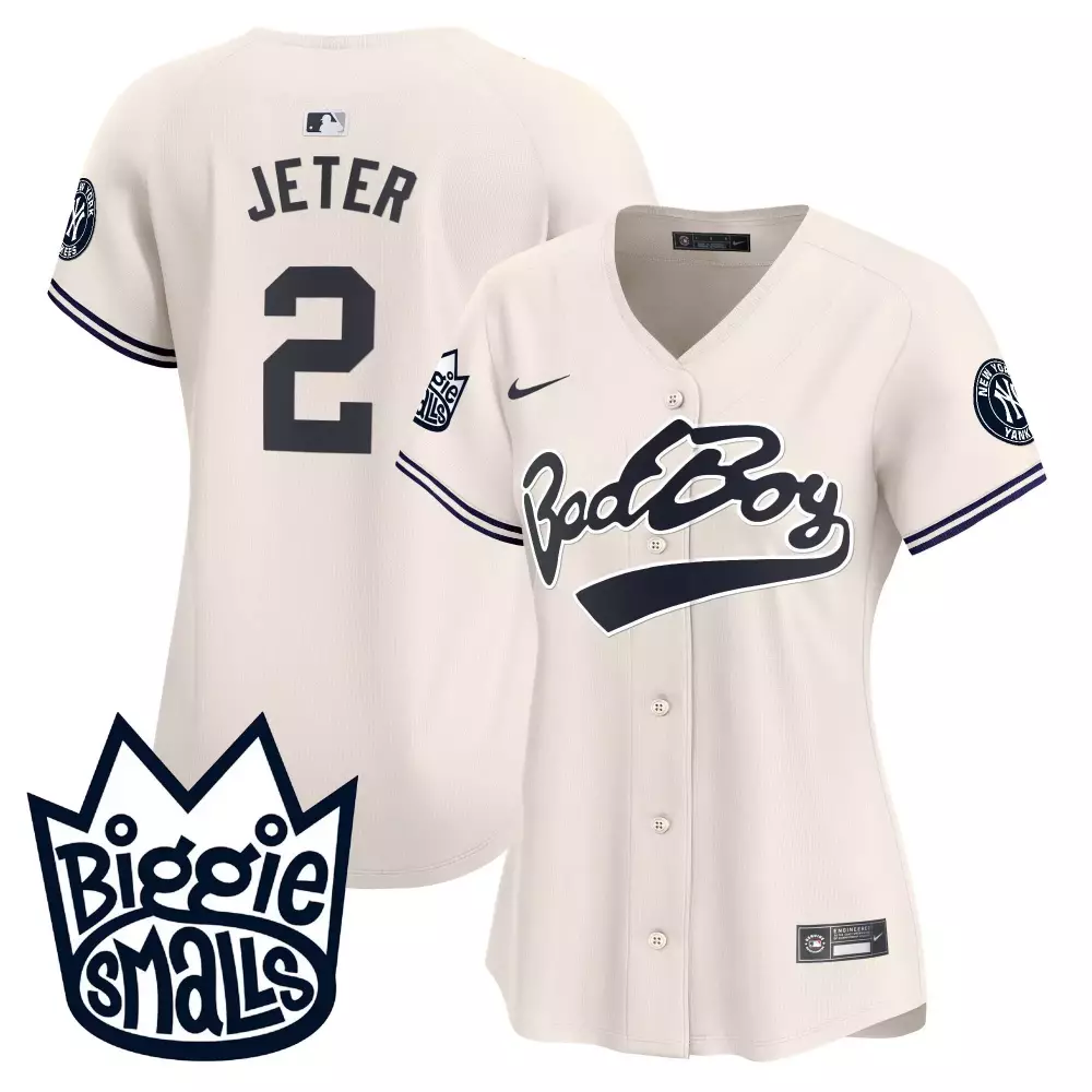 Derek Jeter Yankees Biggie Smalls Cream Jersey | Vapor Premier Limited Edition | All Stitched Fan Gear for Women