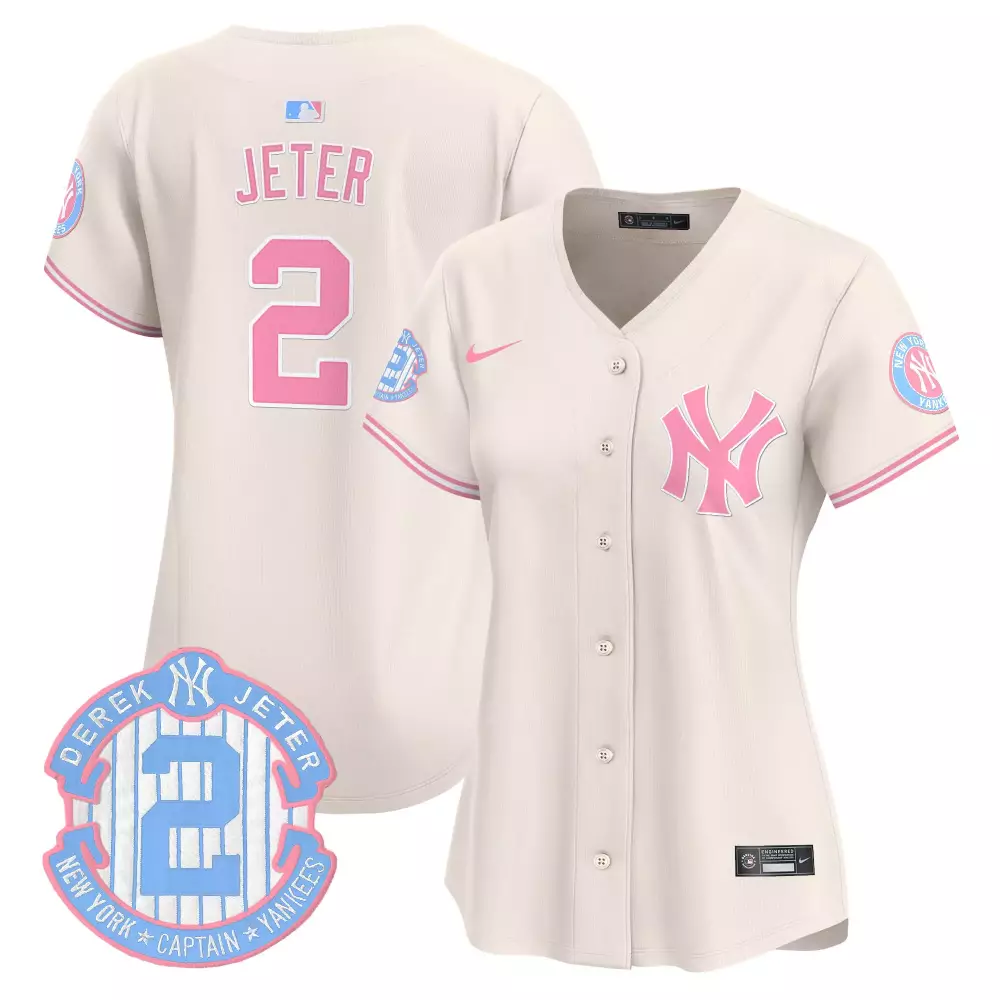 Derek Jeter Yankees Bubblegum Pink Cream Jersey | Vapor Premier Limited Edition | All Stitched Fan Gear for Men, Women & Youth