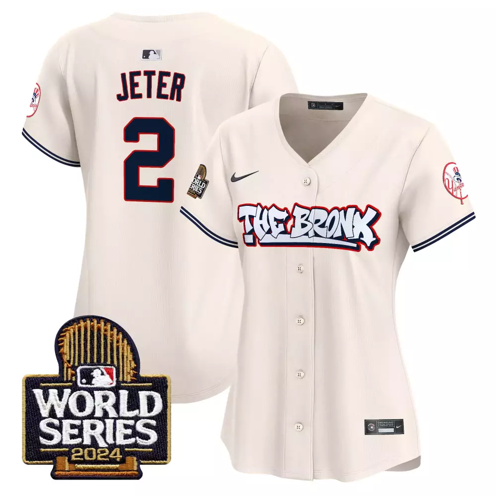 Derek Jeter Yankees Bronx 2024 World Series Cream Jersey | Vapor Premier Limited Edition | All Stitched Fan Gear for Women