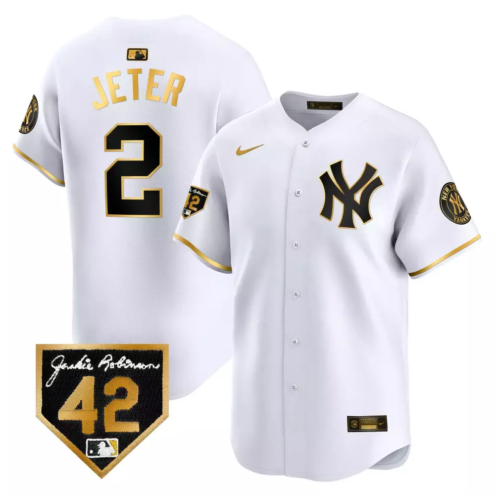 Derek Jeter Yankees 2024 Jackie Robinson Patch Vapor Premier Jersey | White Alternate Stitched Limited Edition | Fan Gear for Women