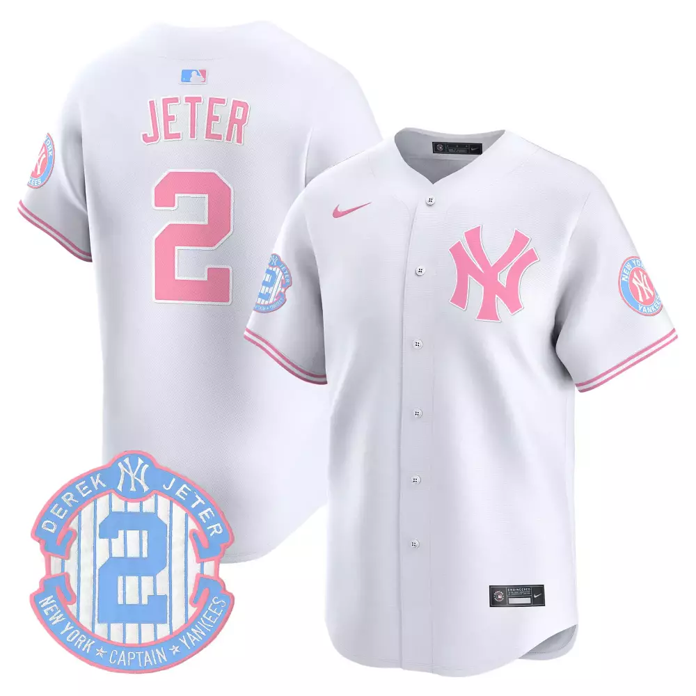 Derek Jeter Yankees Bubblegum Pink Cream Jersey | Vapor Premier Limited Edition | All Stitched Fan Gear for Men, Women & Youth