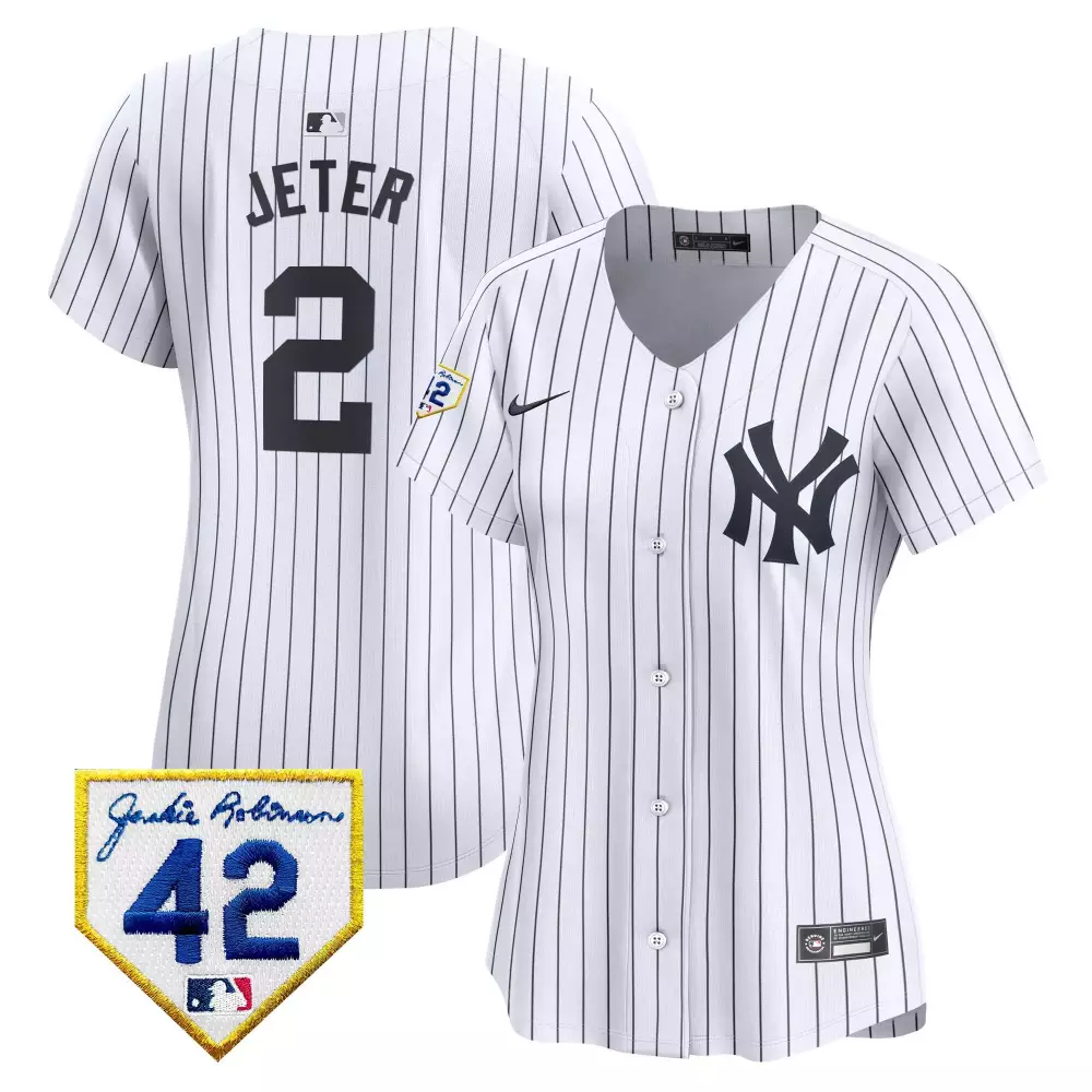 Derek Jeter Yankees 2024 Jackie Robinson Patch Vapor Premier Jersey | White Alternate Stitched Limited Edition | Fan Gear for Women