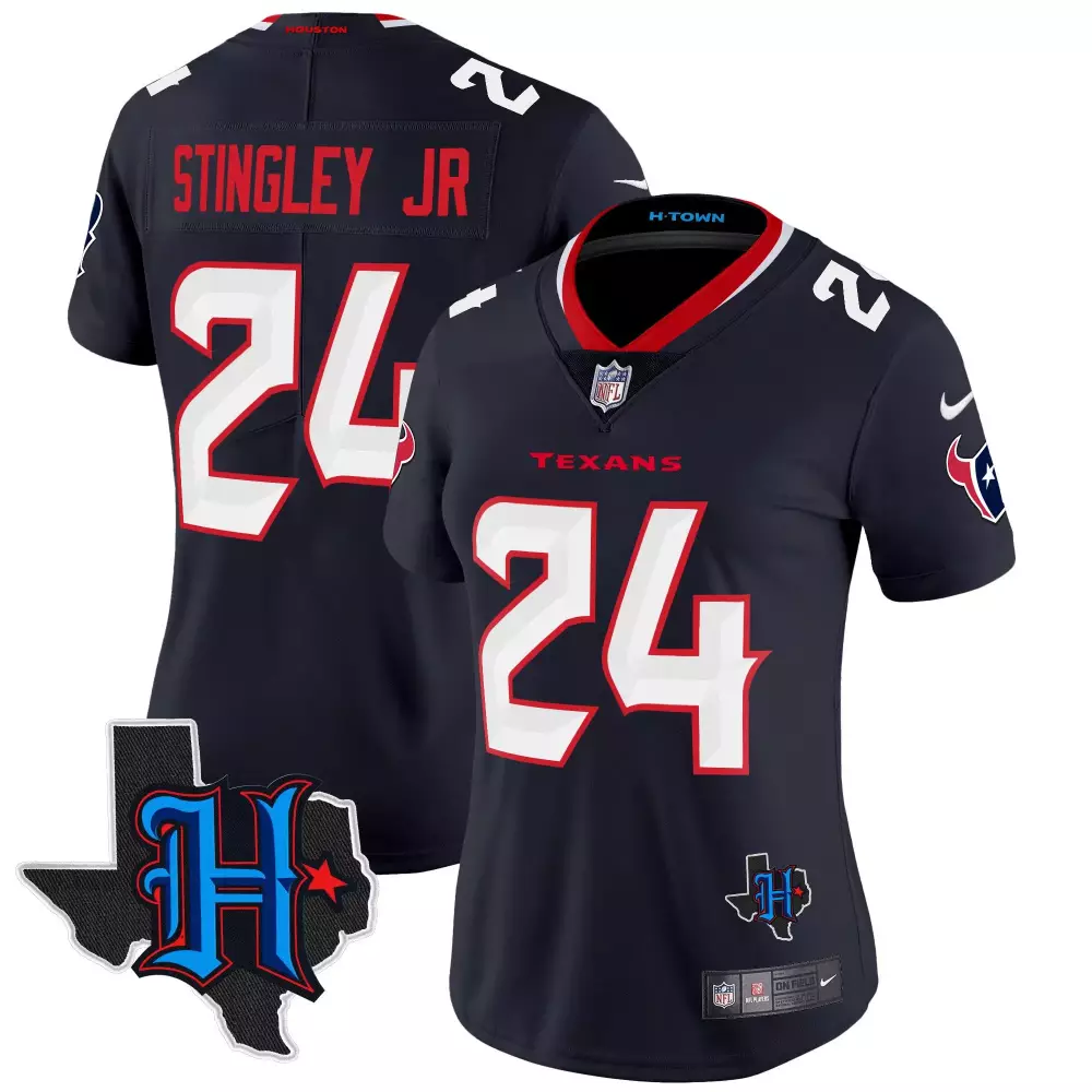 derek stingley jr navy womens houston texans 2024 texas patch vapor limited jersey all stitched
