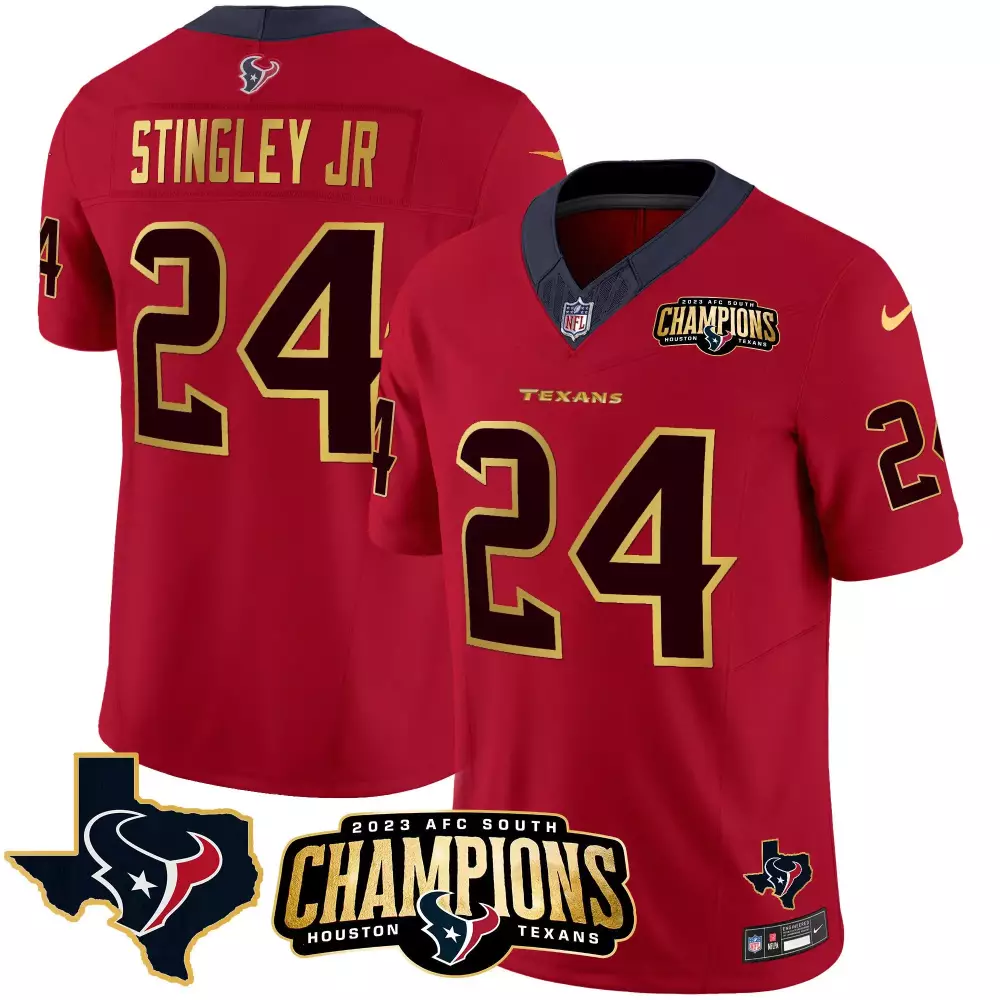 derek stingley jr red mens houston texans 2023 afc south champions patch gold trim vapor jersey all stitched