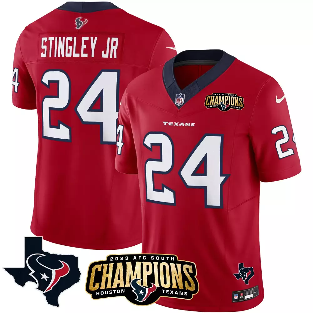 derek stingley jr red mens houston texans 2023 afc south champions patch gold trim vapor jersey all stitched