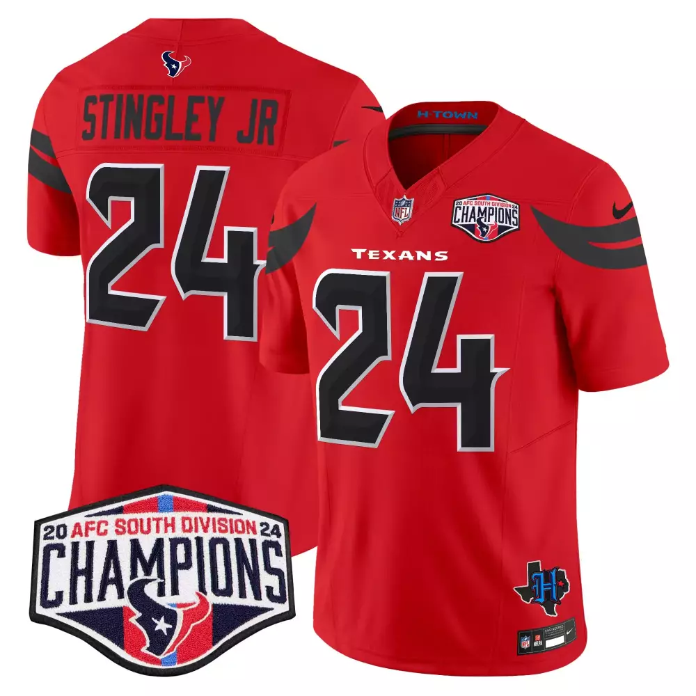 derek stingley jr red mens houston texans 2023 afc south champions patch gold trim vapor jersey all stitched