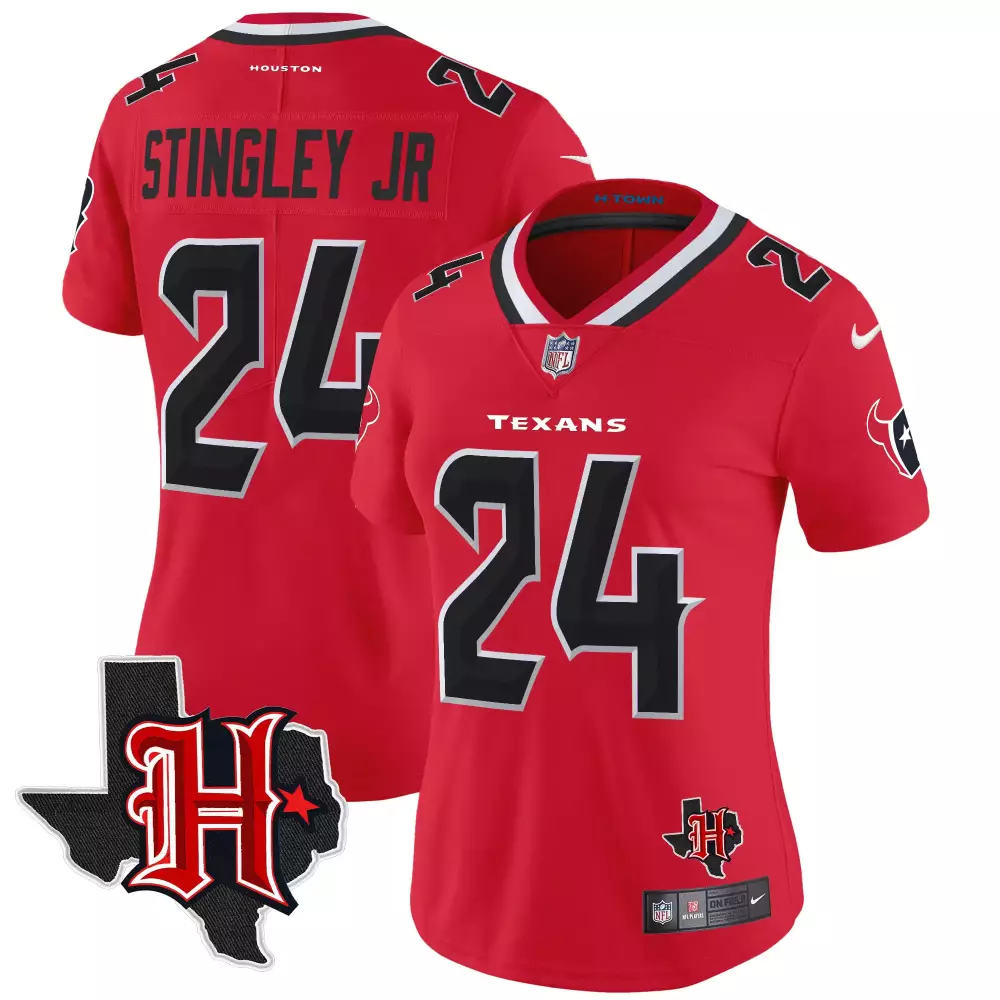 derek stingley jr red womens houston texans 2024 texas patch vapor limited jersey v5 all stitched