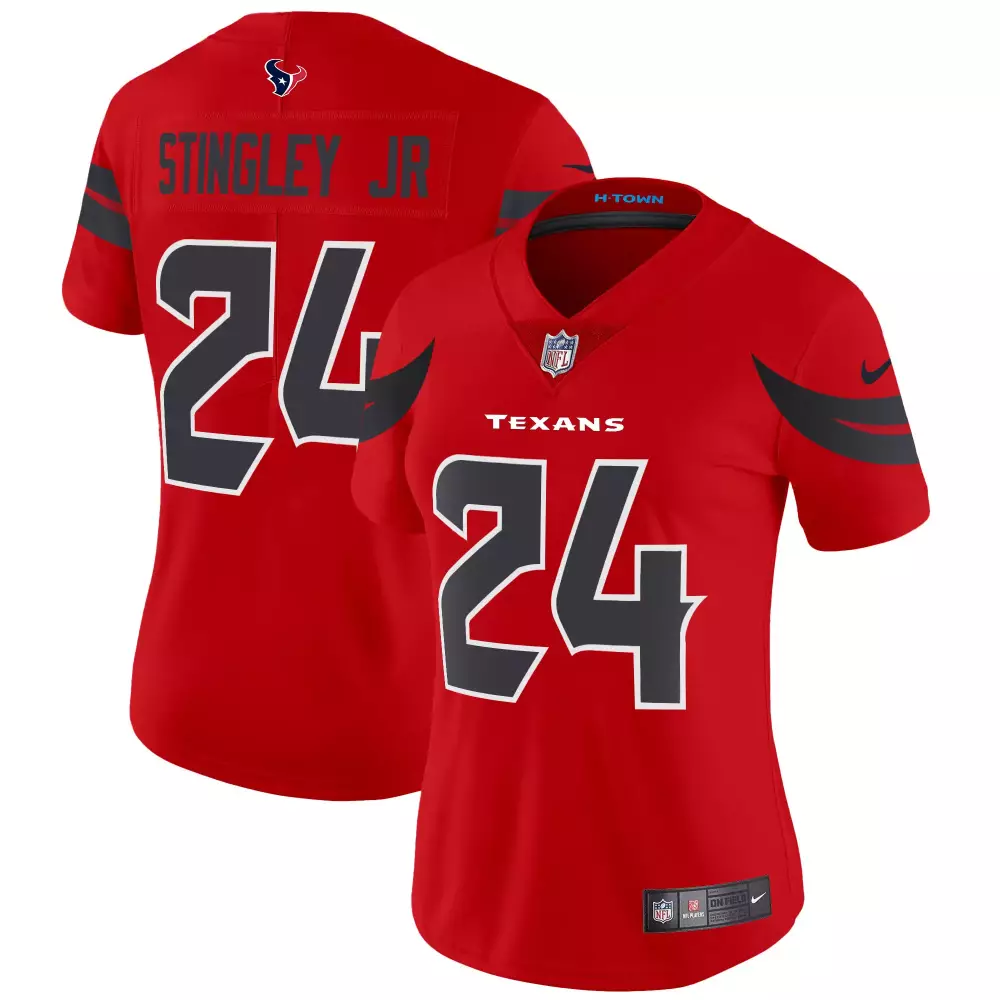 derek stingley jr red womens houston texans 2024 texas patch vapor limited jersey v5 all stitched