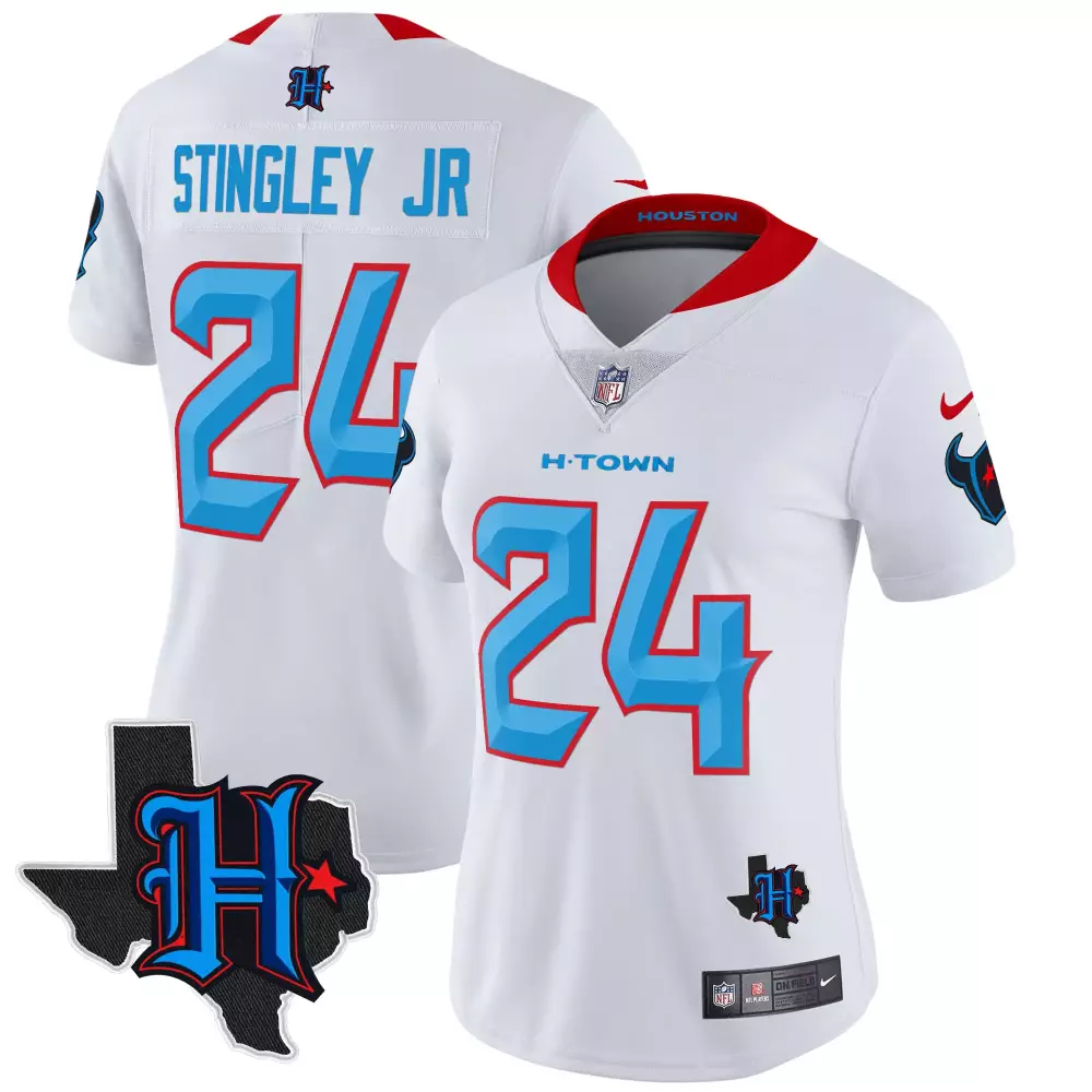 derek stingley jr white limited womens houston texans 2024 texas patch vapor limited jersey v2 all stitched
