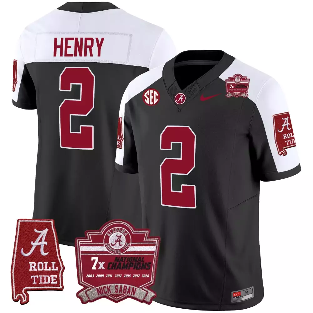 derrick henry black alternate mens alabama crimson tide nick saban 7x champions patch gold trim jersey all stitched