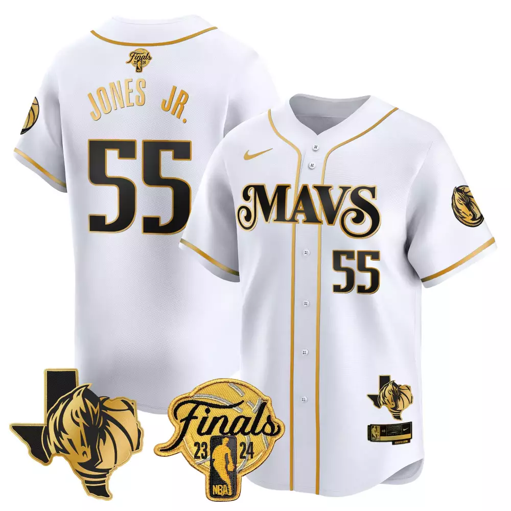 derrick jones jr white gold mens dallas mavericks 2024 finals texas patch baseball jersey all stitched