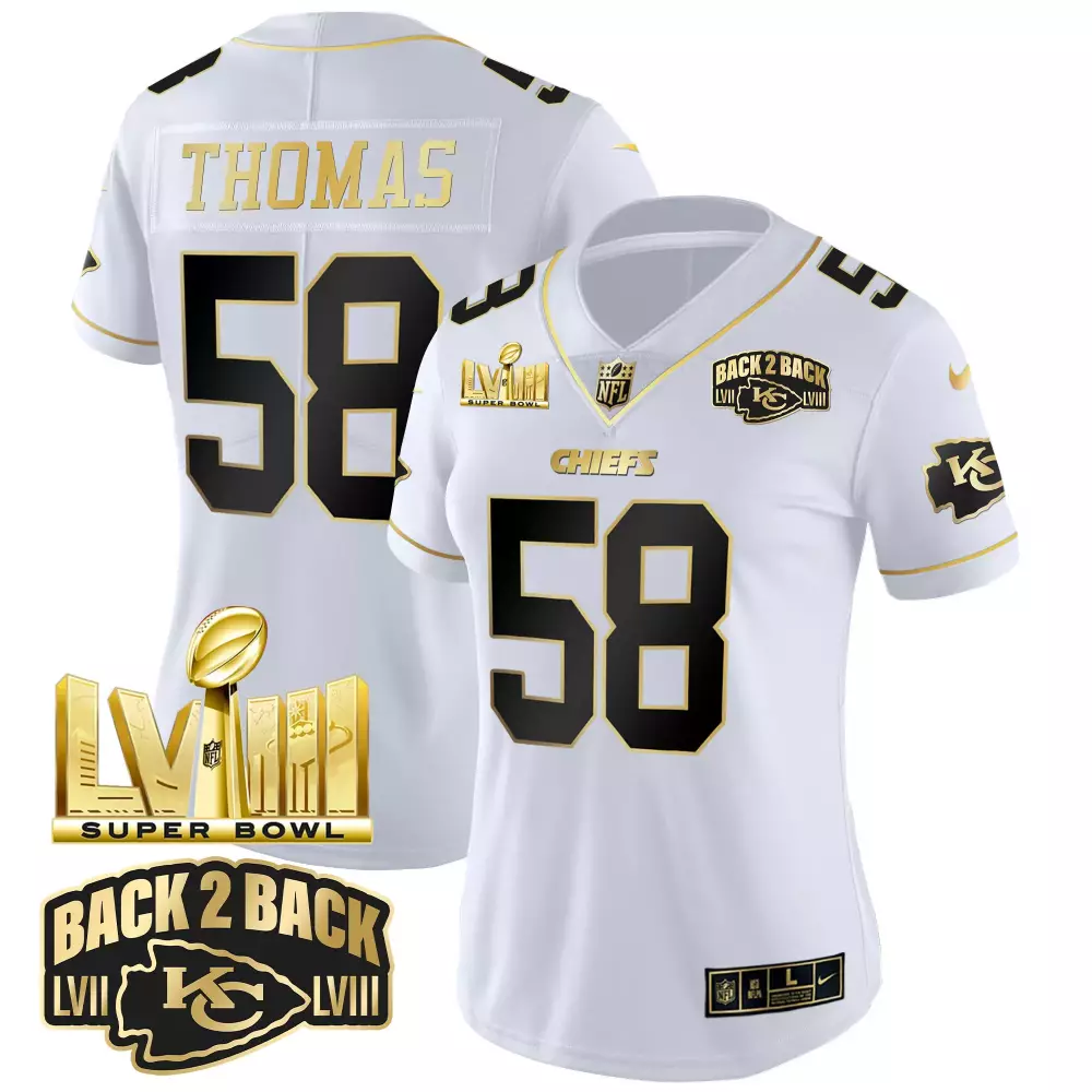 derrick thomas white gold womens kansas city chiefs super bowl lviii back 2 back gold patch vapor jersey v2 all stitched
