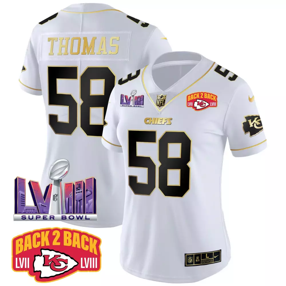 derrick thomas white gold womens kansas city chiefs super bowl lviii back 2 back gold patch vapor jersey v2 all stitched