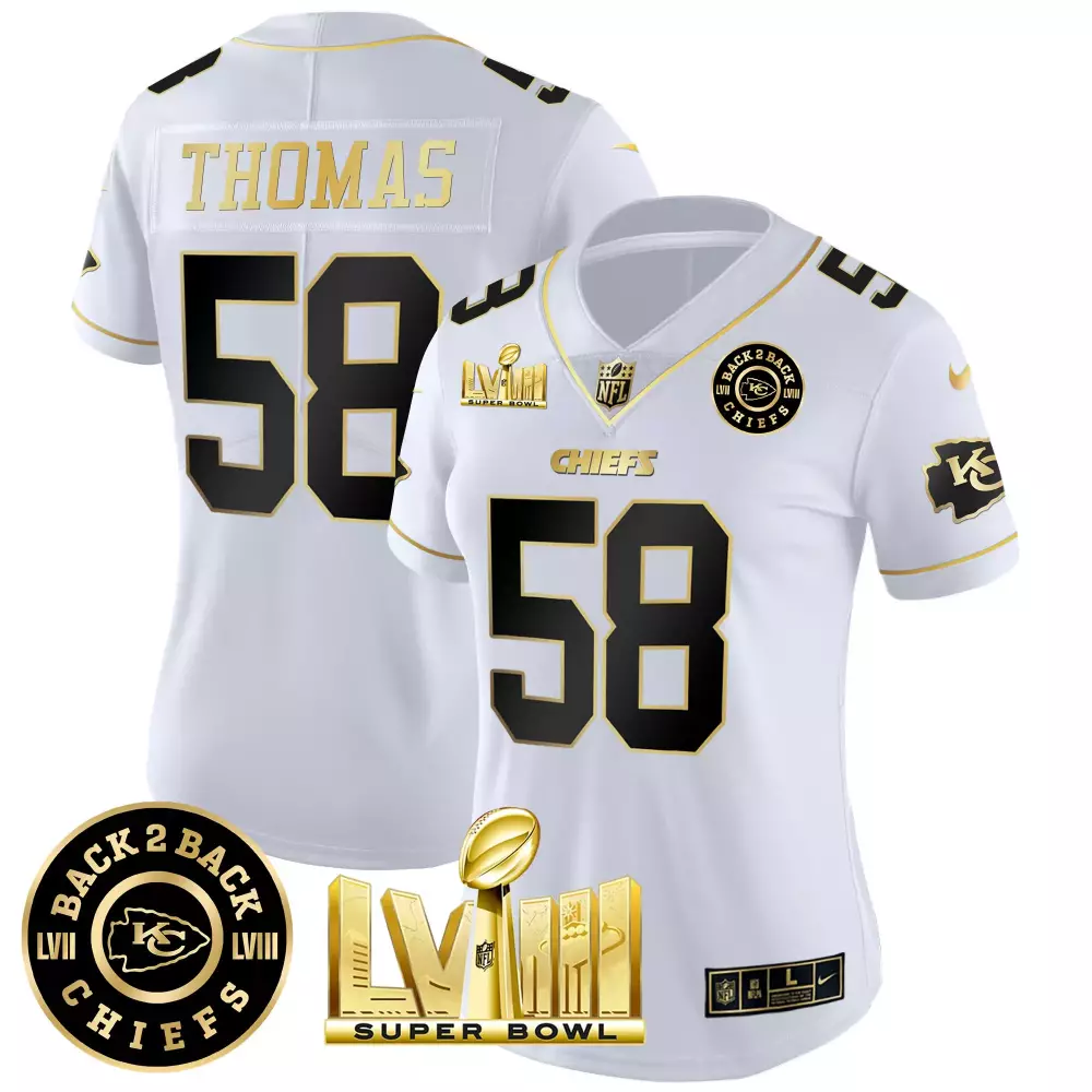 derrick thomas white gold womens kansas city chiefs super bowl lviii back 2 back gold patch vapor jersey v2 all stitched