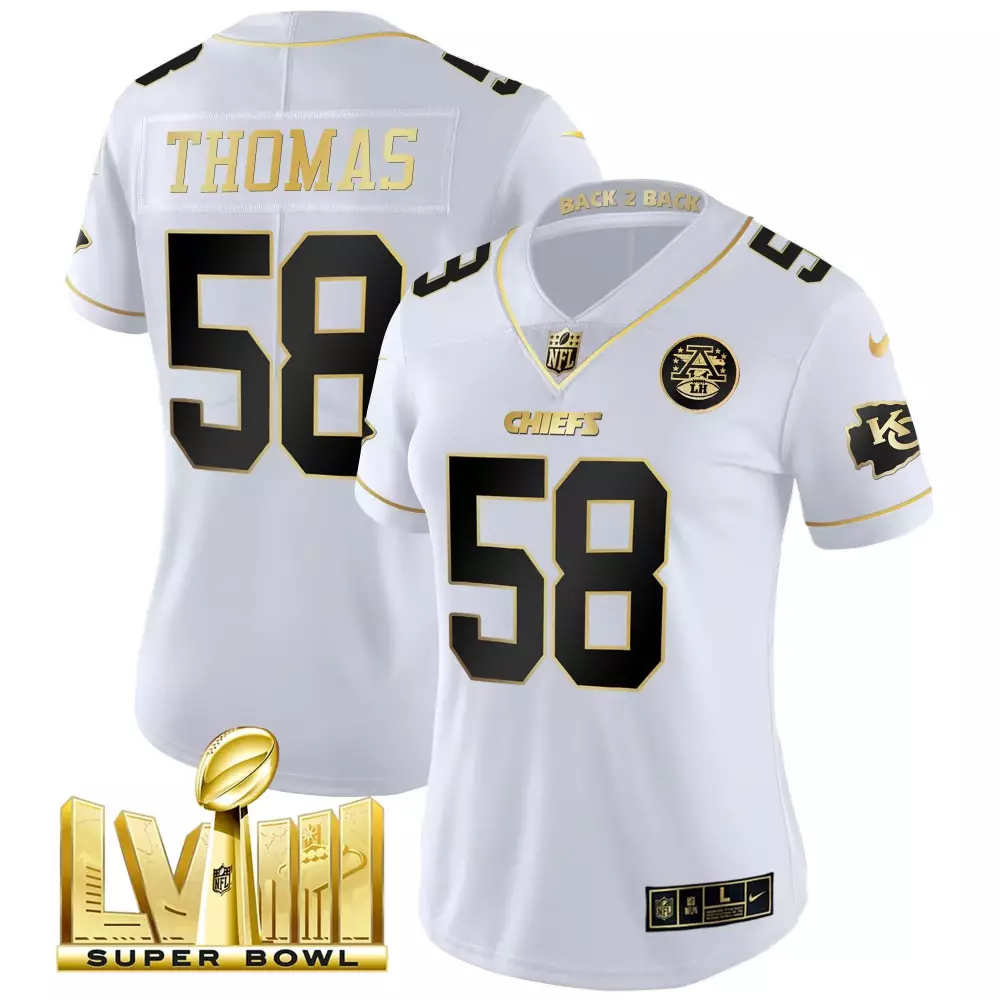 derrick thomas white gold womens kansas city chiefs super bowl lviii back 2 back gold patch vapor jersey v2 all stitched
