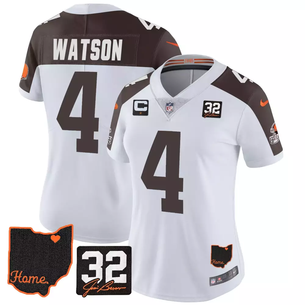 Deshaun Watson Cleveland Browns 32 Jim Brown Memorial Home Patch Jersey | Stitched Women's Fan Gear | For Men, Women & Youth