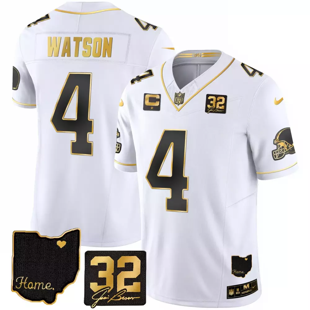 Deshaun Watson Men's Gold Jersey | Cleveland Browns 32 Jim Brown Memorial Home Patch | Stitched Fan Gear for Men