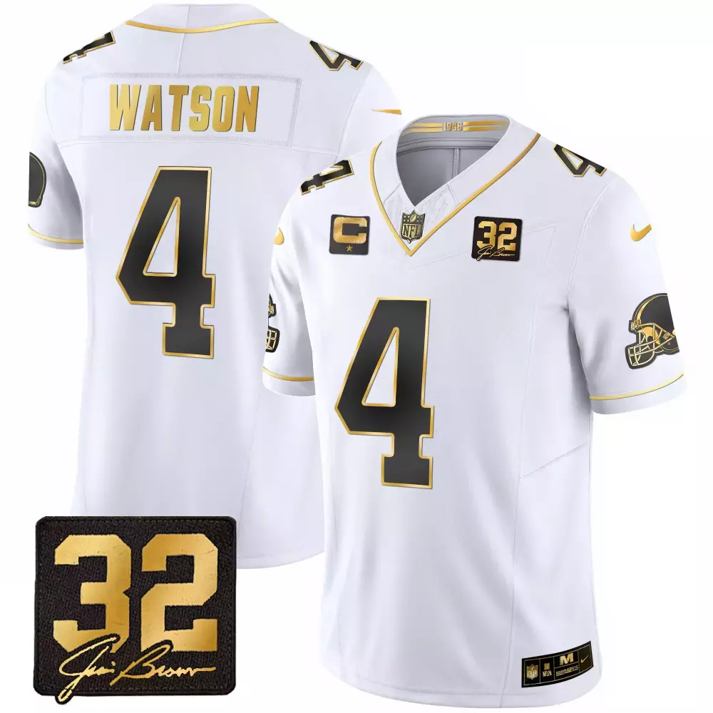 Deshaun Watson Men's Gold Jersey | Cleveland Browns 32 Jim Brown Memorial Home Patch | Stitched Fan Gear for Men