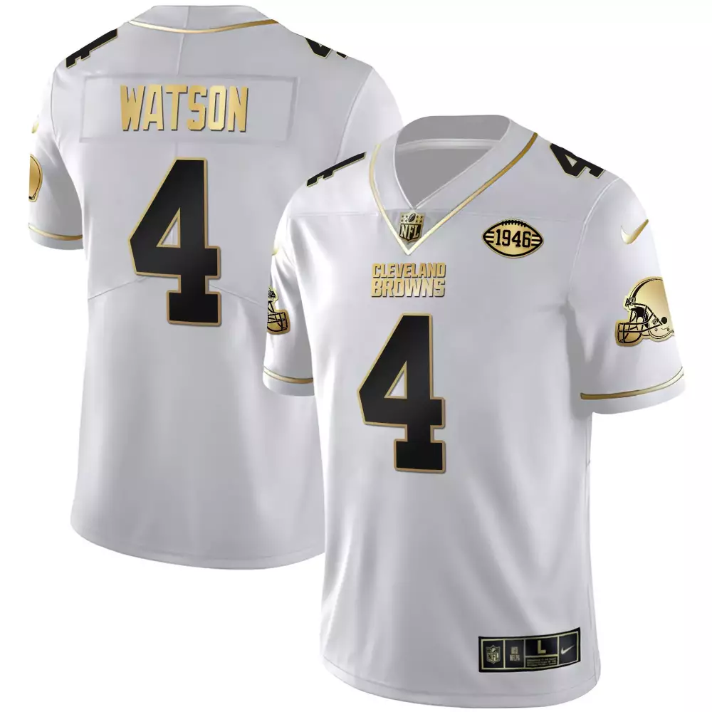 Deshaun Watson Men's Gold Jersey | Cleveland Browns 32 Jim Brown Memorial Home Patch | Stitched Fan Gear for Men