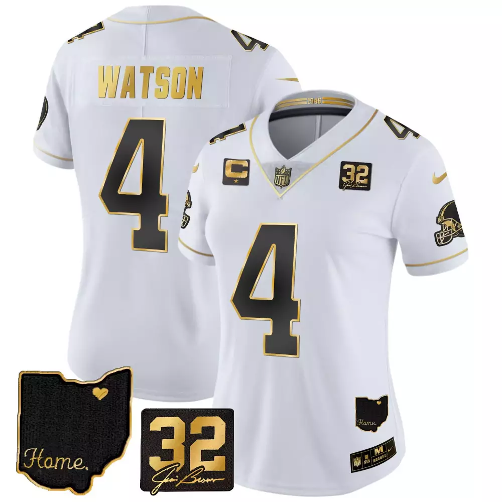 deshaun watson white gold womens cleveland browns 32 jim brown memorial home patch gold jersey all stitched