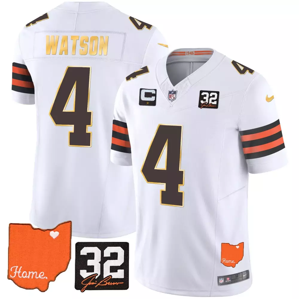 deshaun watson white gold womens cleveland browns 32 jim brown memorial home patch gold jersey all stitched