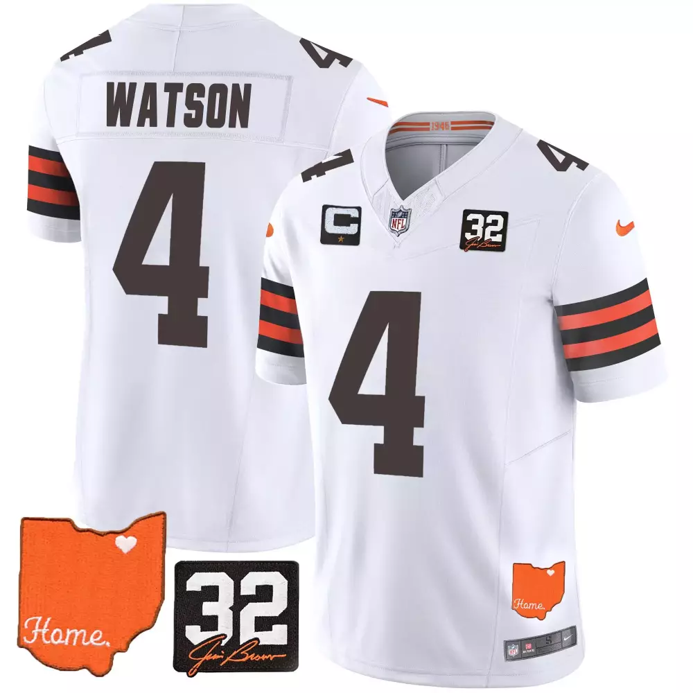 deshaun watson white gold womens cleveland browns 32 jim brown memorial home patch gold jersey all stitched
