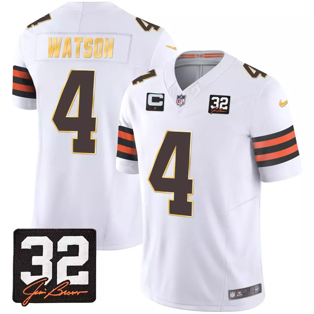 Deshaun Watson Cleveland Browns 32 Jim Brown Memorial Patch Gold Trim Jersey | Stitched Men's Fan Gear | For Men, Women & Youth