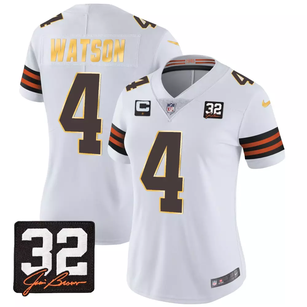 Deshaun Watson Men's Gold Jersey | Cleveland Browns 32 Jim Brown Memorial Home Patch | Stitched Fan Gear for Men