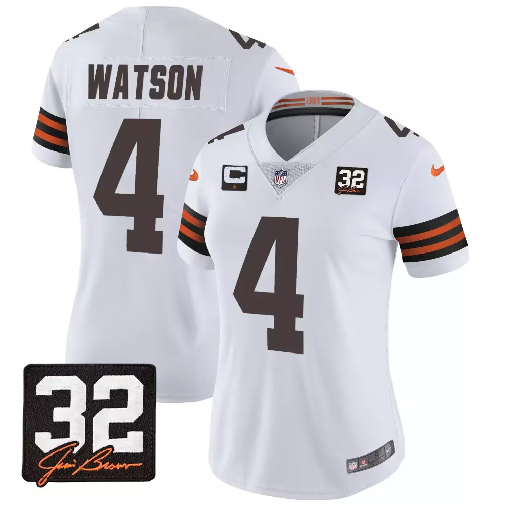 Deshaun Watson Men's Gold Jersey | Cleveland Browns 32 Jim Brown Memorial Home Patch | Stitched Fan Gear for Men