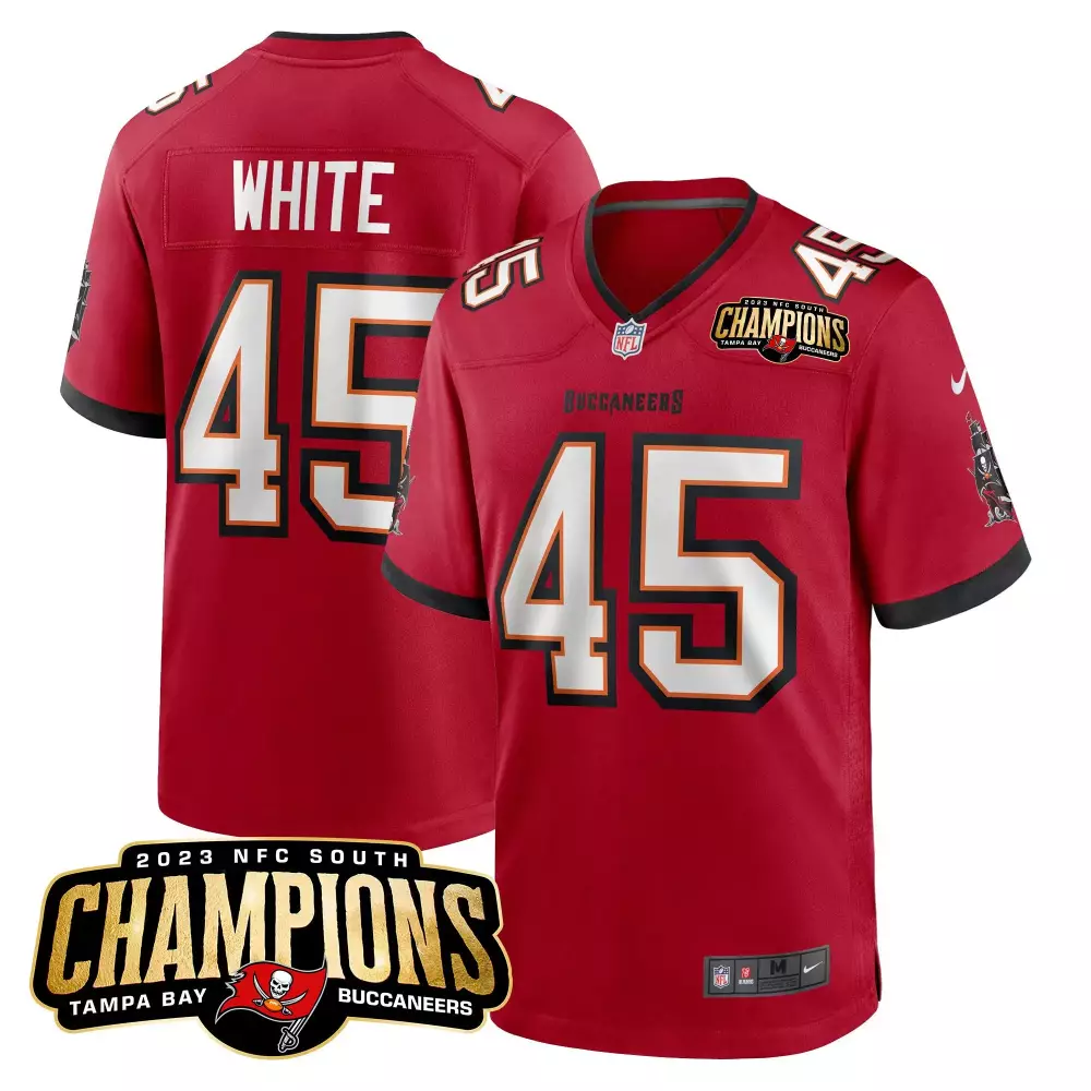 devin white red mens tampa bay buccaneers 2023 nfc south champions patch game jersey all stitched