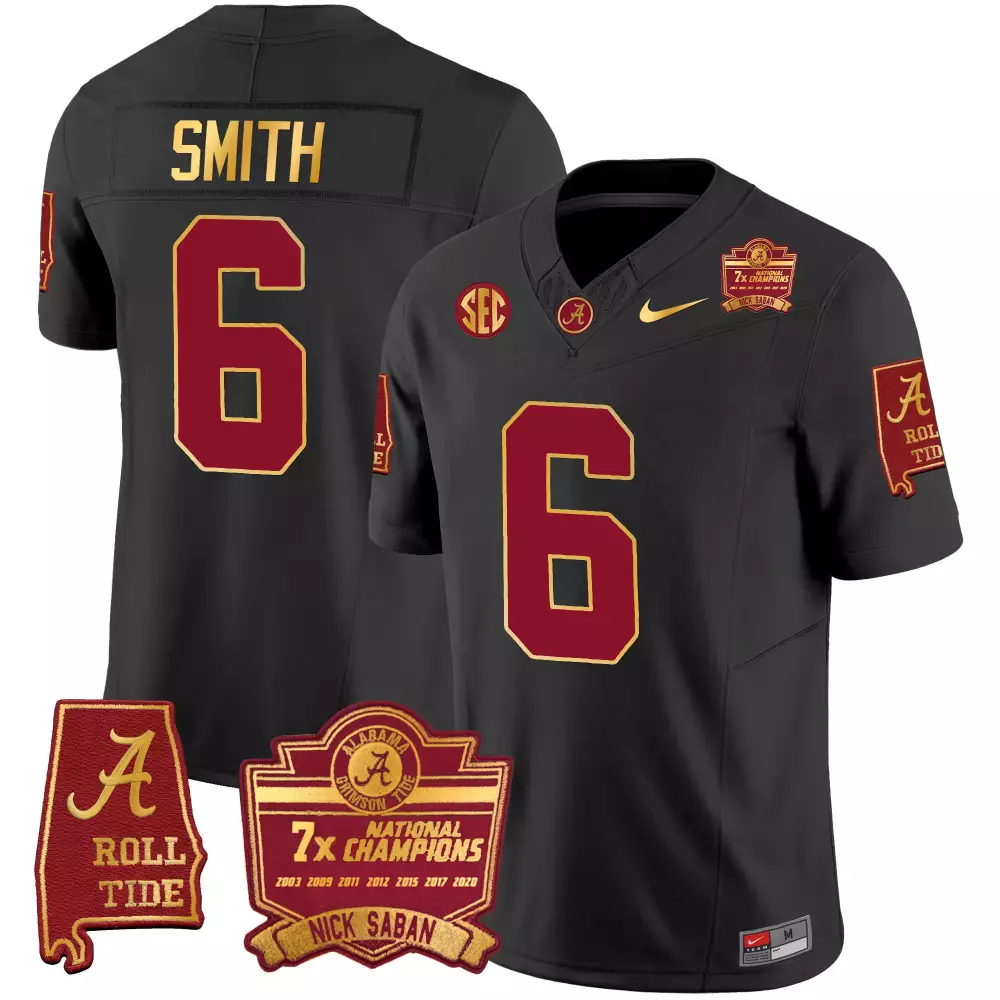 devonta smith black mens alabama crimson tide nick saban 7x champions patch gold trim jersey all stitched
