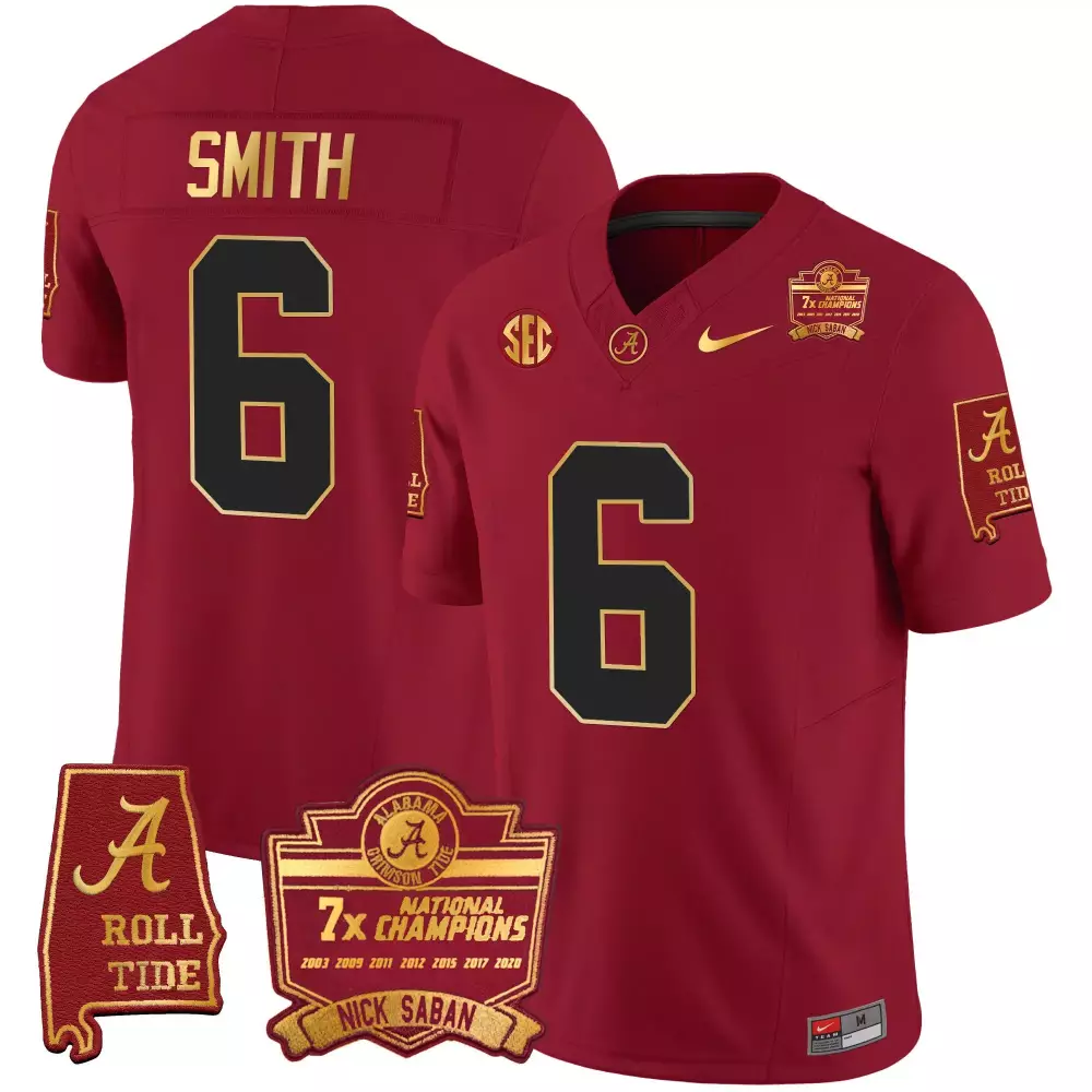 devonta smith crimson youths alabama crimson tide nick saban 7x champions patch gold trim jersey all stitched